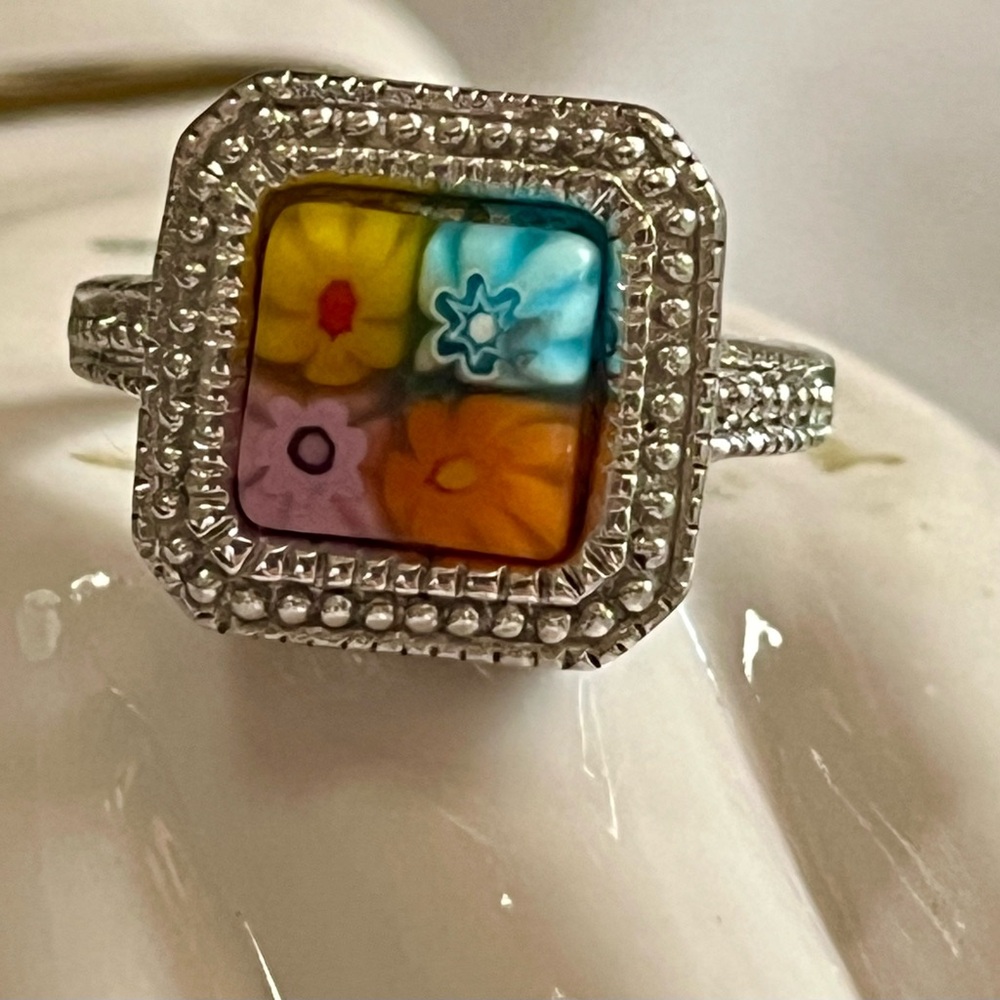 Vintage Millefiori Ring Designer Signed Alan K 925 Sterling Silver